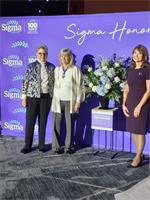 Dr. Margaret Beaman and Dr. Dawn Blue receiving the Chapter Key Award on behalf of Rho Beta at the 2021 Biennium in Indianapolis, IN.